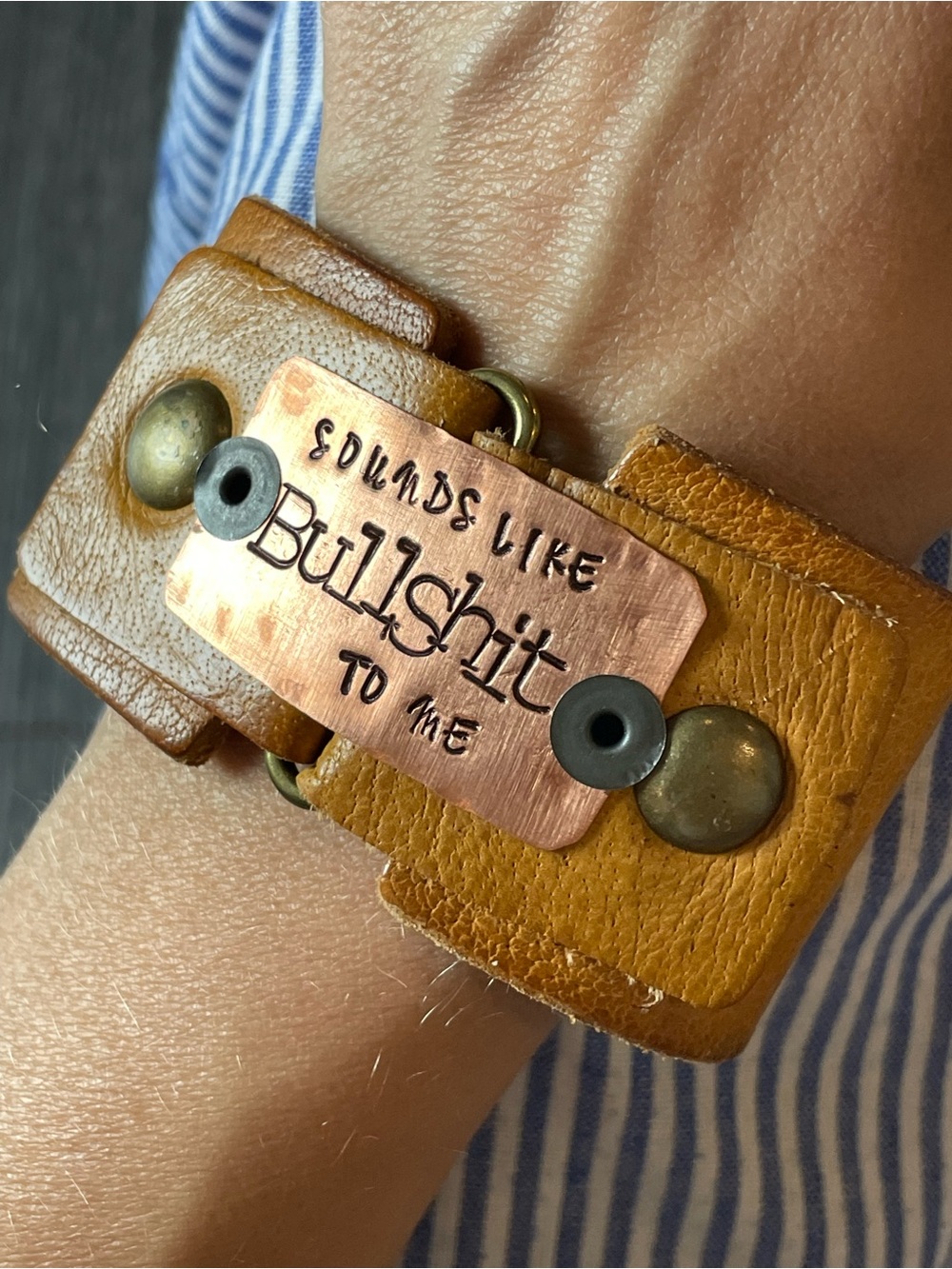 Statement Leather Cuff Bracelet with Copper Plate - Mustard Brown